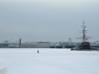 frozen river in moscow with a boat on the frozen river