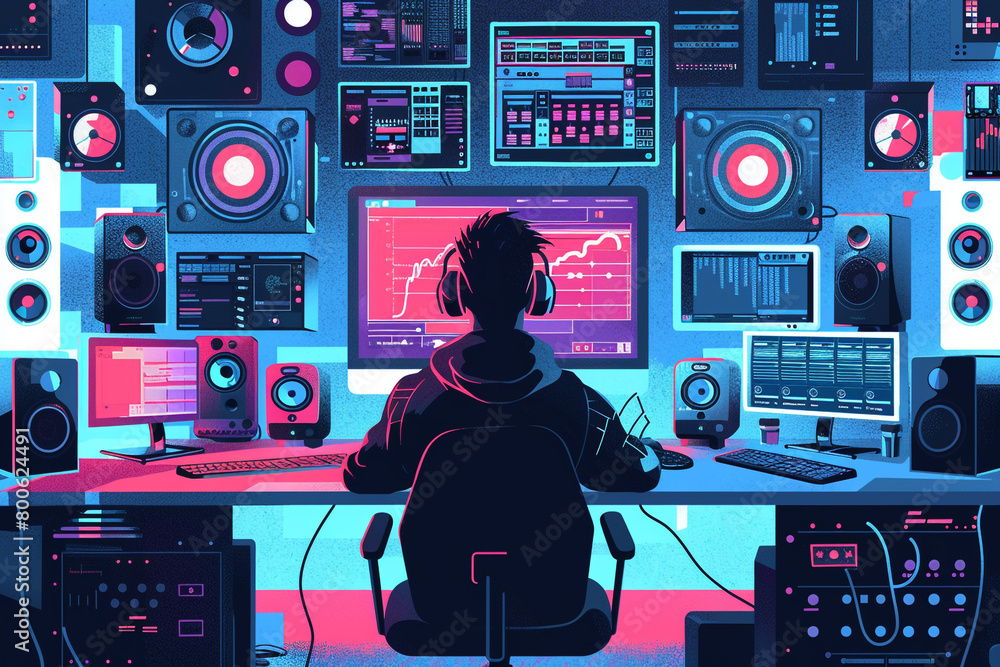 Poster stylized vector scene of a virtual influencer's studio, filled with advanced tech for creating gener