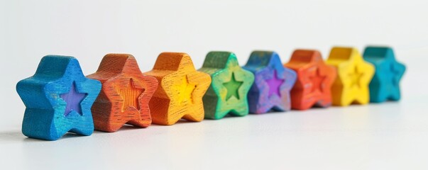 A row of wooden blocks, each with a star engraved and painted, ranging from faint (one star) to brightly colored (five stars), illustrating the spectrum of customer feedback
