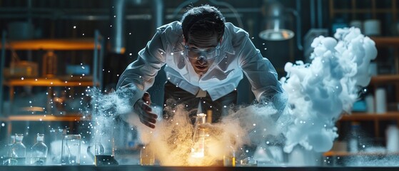 mad scientist in a lab coat conducting a dangerous experiment, surrounded by flames and smoke