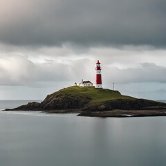 lighthouse on the coast on an island with grey clouds