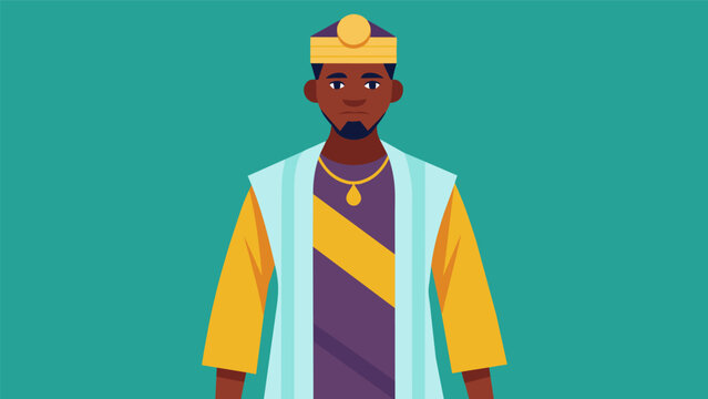 A male model confidently strutting in a traditional Nigerian agbada complete with a matching gele headwrap and beaded accessories exuding African. Vector illustration
