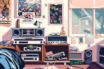 Vector art of a teenager's bedroom from the '90s, decorated with skateboard posters, a collection of cassette tapes, and a classic boombox  