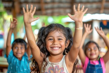 Fototapeta premium Happy Hispanic schoolgirl raises her hands in a traditional classroom full of different children during a lesson.