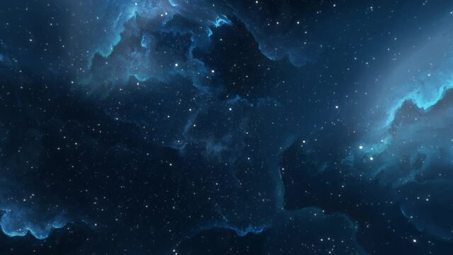 Seamless looped flight through stars on dark background. Blue galaxies and constellations fly by. Space Exploration. Cyclic animation of traveling through glowing nebulae, clouds and star field. 4k.