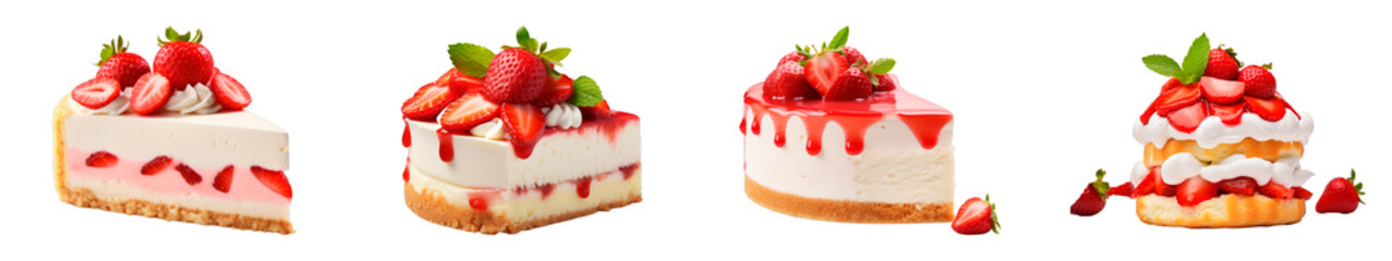 Collection of Strawberry Shortcake Cheesecake isolated on transparent png background. Generative ai