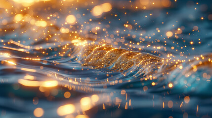 Close up of a sheet of water, gold ingot sprinkled on Waves of the water surface, Aqua Blue - Powered by Adobe