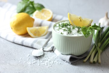 Delicious yogurt with dill in bowl, green onion, lemons and salt on light textured table, closeup