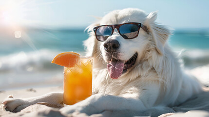 Great Pyrenees Dog Laying on the Beach, Wearing Sunglasses, and Relishing the Summer Vacation Atmosphere