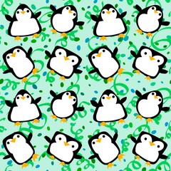 Cartoon festive animals seamless birthday decor and penguin pattern for wrapping paper and fabrics