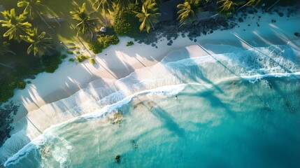 Aerial panorama of a beautiful beach with palm trees and sand