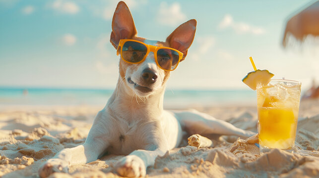 Ibizan Hound Dog Enjoying a Sunny Beach Day, Wearing Sunglasses and Laying on the Sand for Summer Vacations