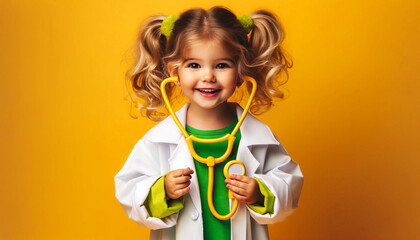 A playful image of a little girl dressed as a doctor against a vivid yellow background wallpaper