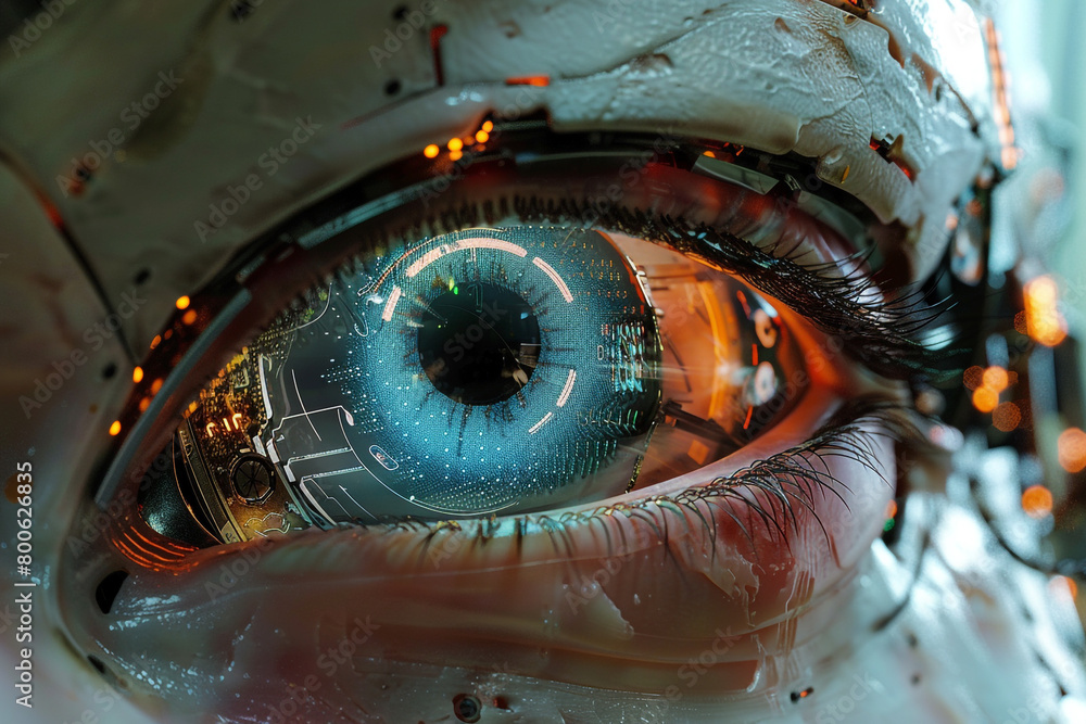Poster zoomed-in image of a robotic eye with advanced sensors, mimicking human-like features