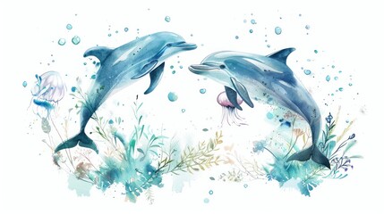 Calm watercolor blue dolphins swim among plants and jellyfish depicted on white background.