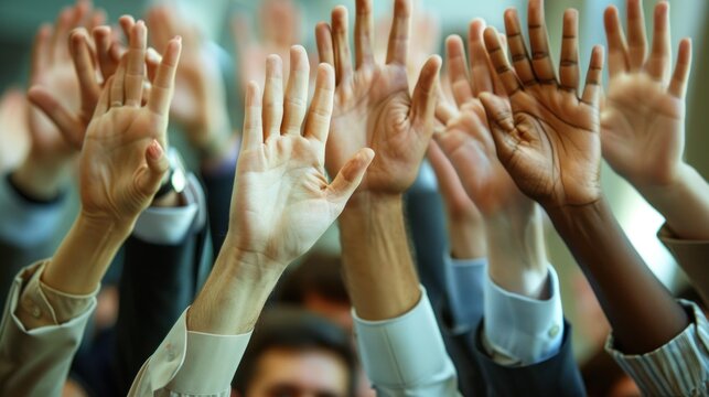 A group of executives raising their hands in agreement during a discussion, demonstrating consensus and teamwork.