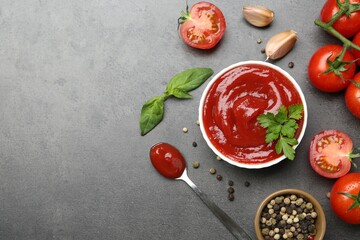 Delicious tomato ketchup in bowl, spices and products on grey textured table, flat lay. Space for text