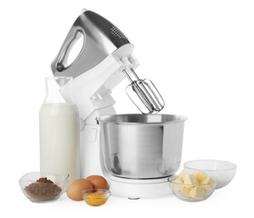 Stand mixer and different ingredients for dough isolated on white