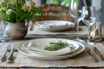 Two white serving plates with linen napkin, knives and forks standing on a wooden table