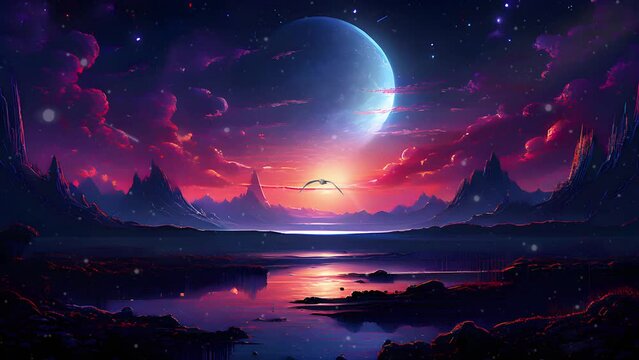 Enchanting alien twilight landscape with a crescent moon and vibrant reflections on the water. Extraterrestrial fantasy scene. Seamless looping 4k time-lapse virtual video animation background