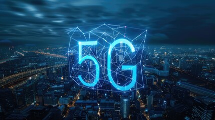 Cityscape with prominent 5G sign, ideal for technology concepts