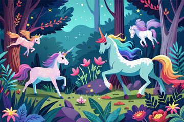 Whimsical unicorns frolicking in a magical forest