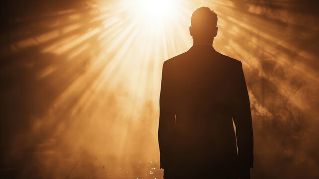 Silhouette of a man in a black suit oposite bright light