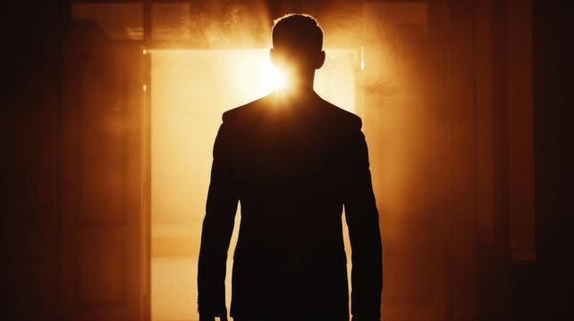 Silhouette of a man in a black suit oposite bright light