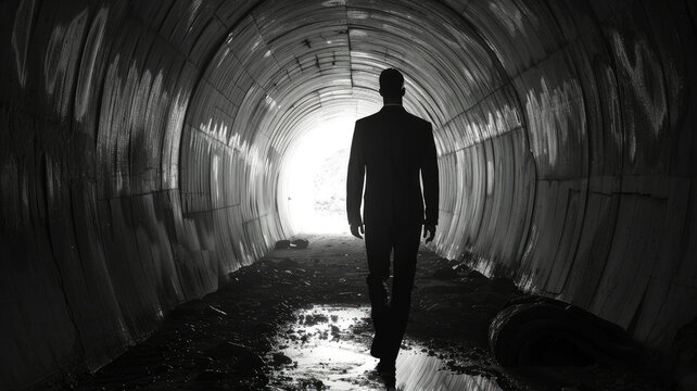 Silhouette of a man in a black suit oposite bright light