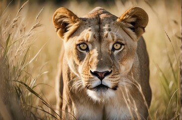 Fierce lioness stalking her prey through a tall grass field, her golden eyes locked into her...