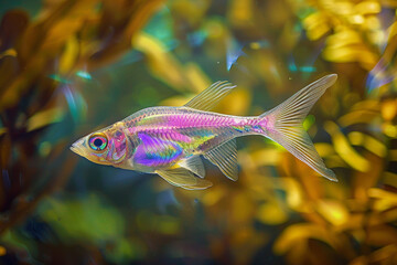 Fototapeta premium A vibrant, transparent fish swims slowly through a transparent aquarium, its iridescent scales shimmering in the light.