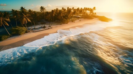 Panorama of beautiful tropical beach with palm trees and turquoise sea at sunrise