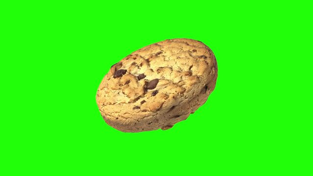 Chocolate Chip cookies rotating on green background. Looping animation.