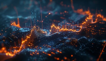 stock market graph in the style of orange and blue colors, glowing effects in a cinematic, dark background with ultra detailed