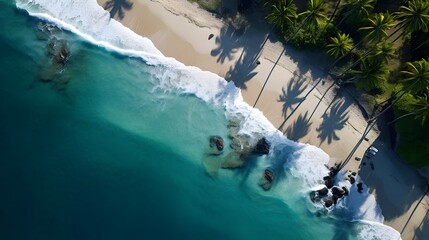 Aerial view of beautiful tropical beach with palm trees and blue sea