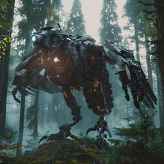 mechanical bird of the future in the forest