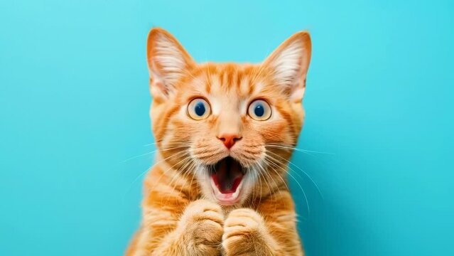 Funny ginger cat with a surprised expression on a blue background. A shocked tabby cat with its mouth open. Funny animals concept. High quality 4k footage