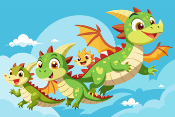 Visualize a group of dragon hatchlings forming a conga line as they soar through the sky, their joy infectious to all who see them