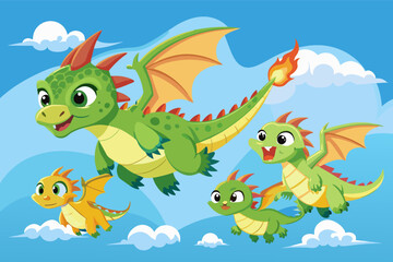 Visualize a group of dragon hatchlings forming a conga line as they soar through the sky, their joy infectious to all who see them