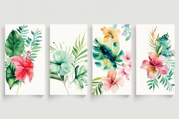 Set of four vibrant watercolor paintings of tropical flowers. Perfect for home decor or botanical themed designs