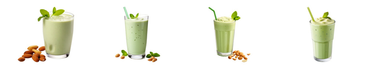Collection of Pistachio Smoothie isolated on transparent png background. Generative ai