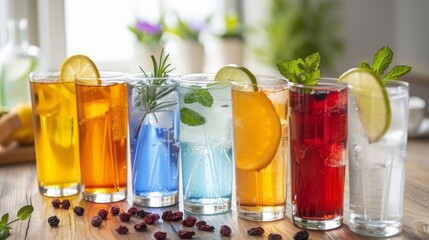 Variety of zerocalorie drinks herbal teas fizzy water no. Concept Zero Calorie Drinks, Herbal Teas, Fizzy Water, Healthy Hydration, Beverage Options