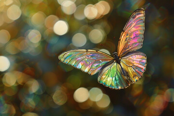 A vibrant, transparent butterfly hovers in mid-air, its iridescent wings shimmering in the light.