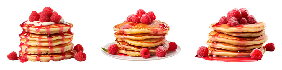 Collection of Raspberry Pancakes isolated on transparent png background. Generative ai