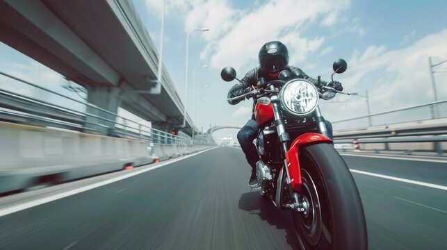 A man riding a motorcycle on a highway, suitable for travel or adventure concepts
