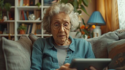 elderly woman is seated on a couch, engrossed in using a tablet device.
