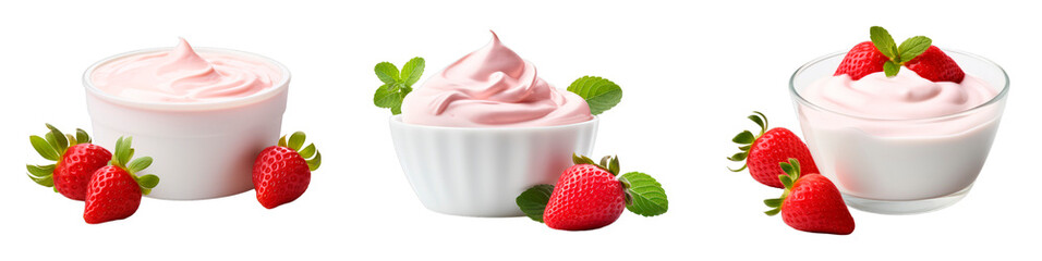 Collection of Strawberry Yogurt isolated on transparent png background. Generative ai