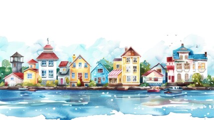Colorful watercolor painting of a row of houses. Perfect for home decor or real estate themes