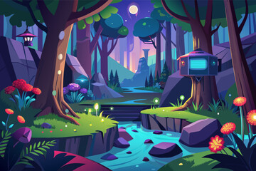 Virtual reality mockup of an enchanted forest environment