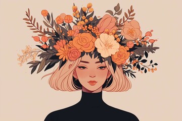 Elegant illustration woman flowers floral hat warm autumn hues blonde